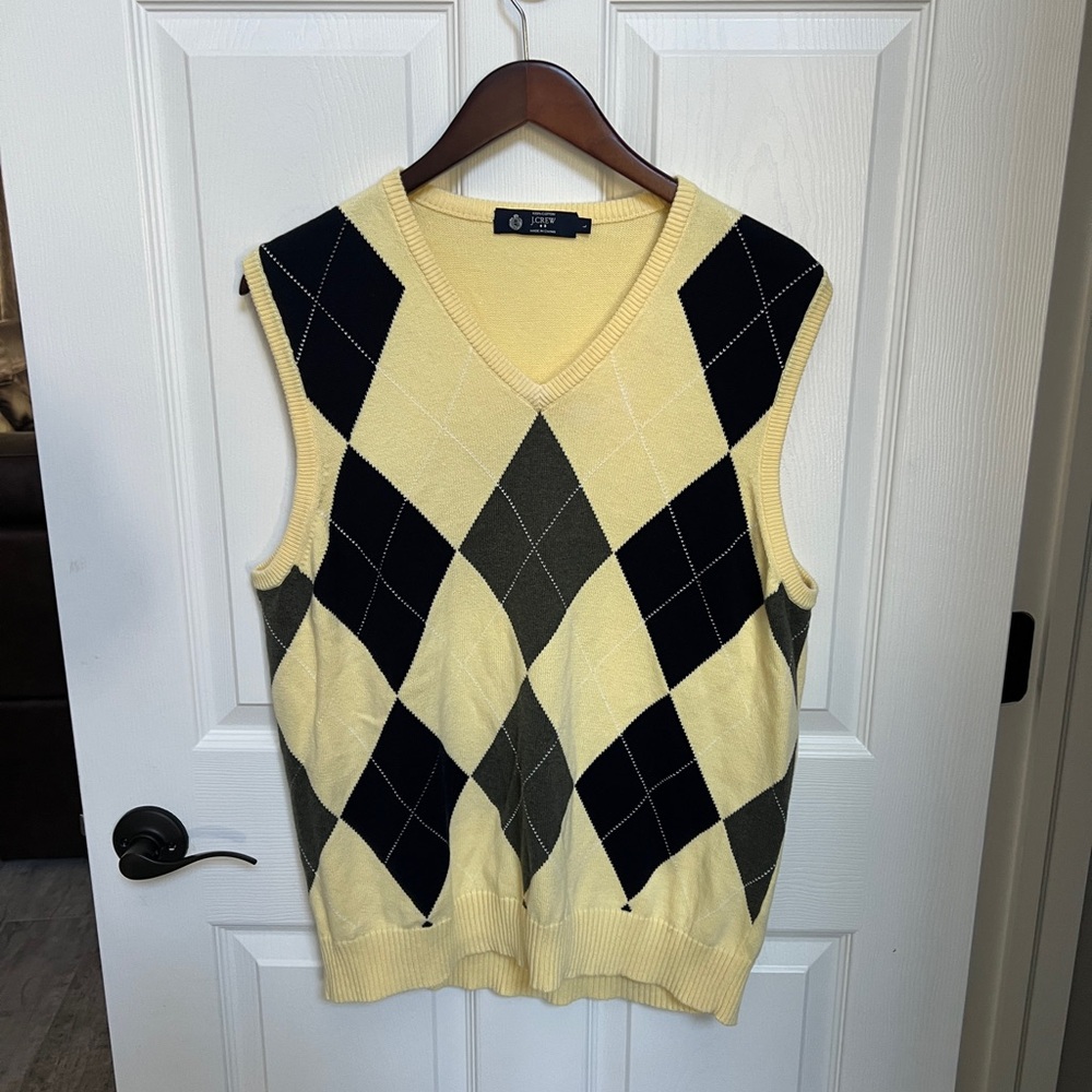 J. Crew 100% Cotton Argyle Yellow, Green and Blue Sweater Vest Sz L LIKE NEW